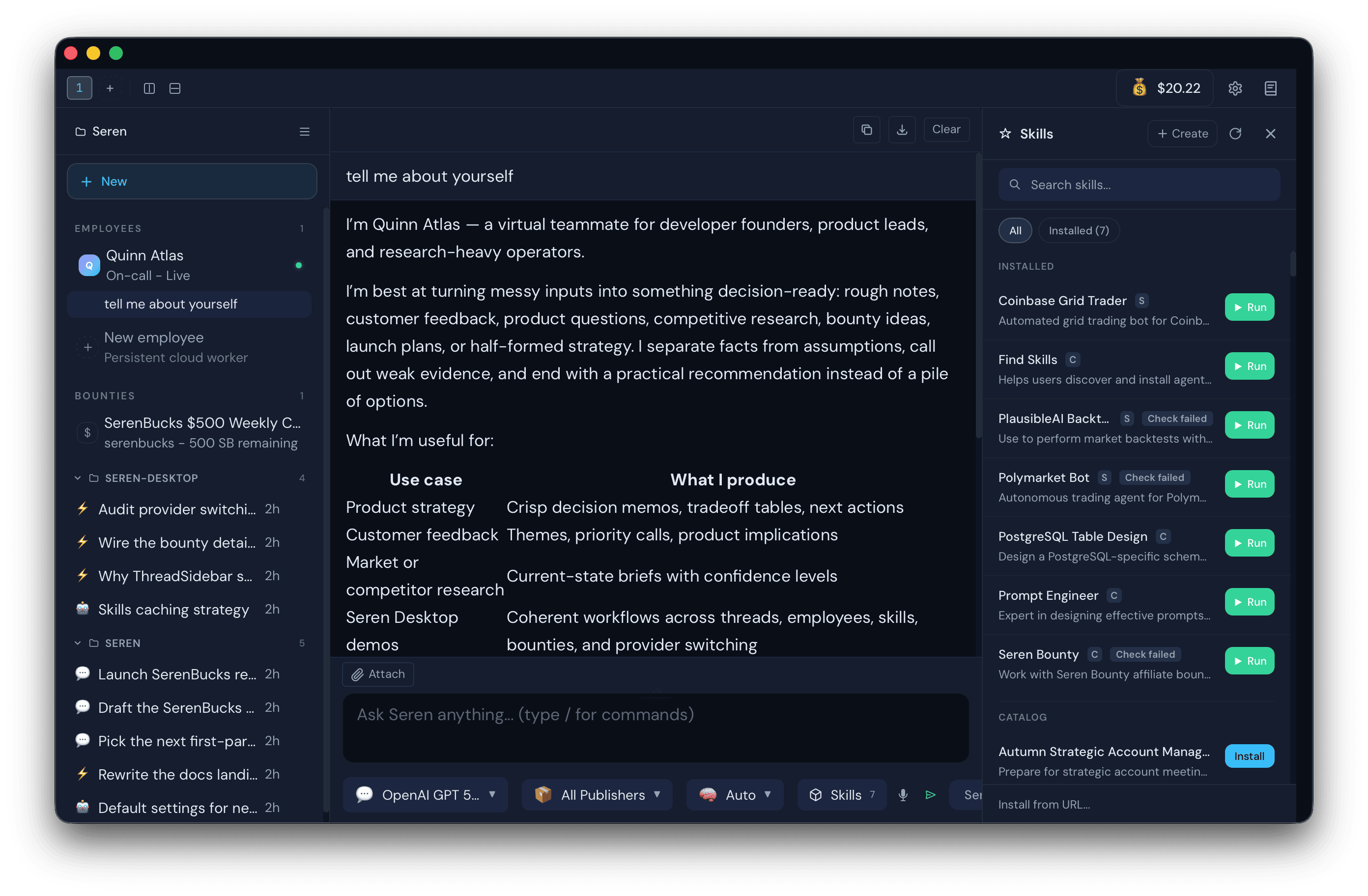 Seren Desktop showing the employee Quinn Atlas, project threads, and the Skills catalog