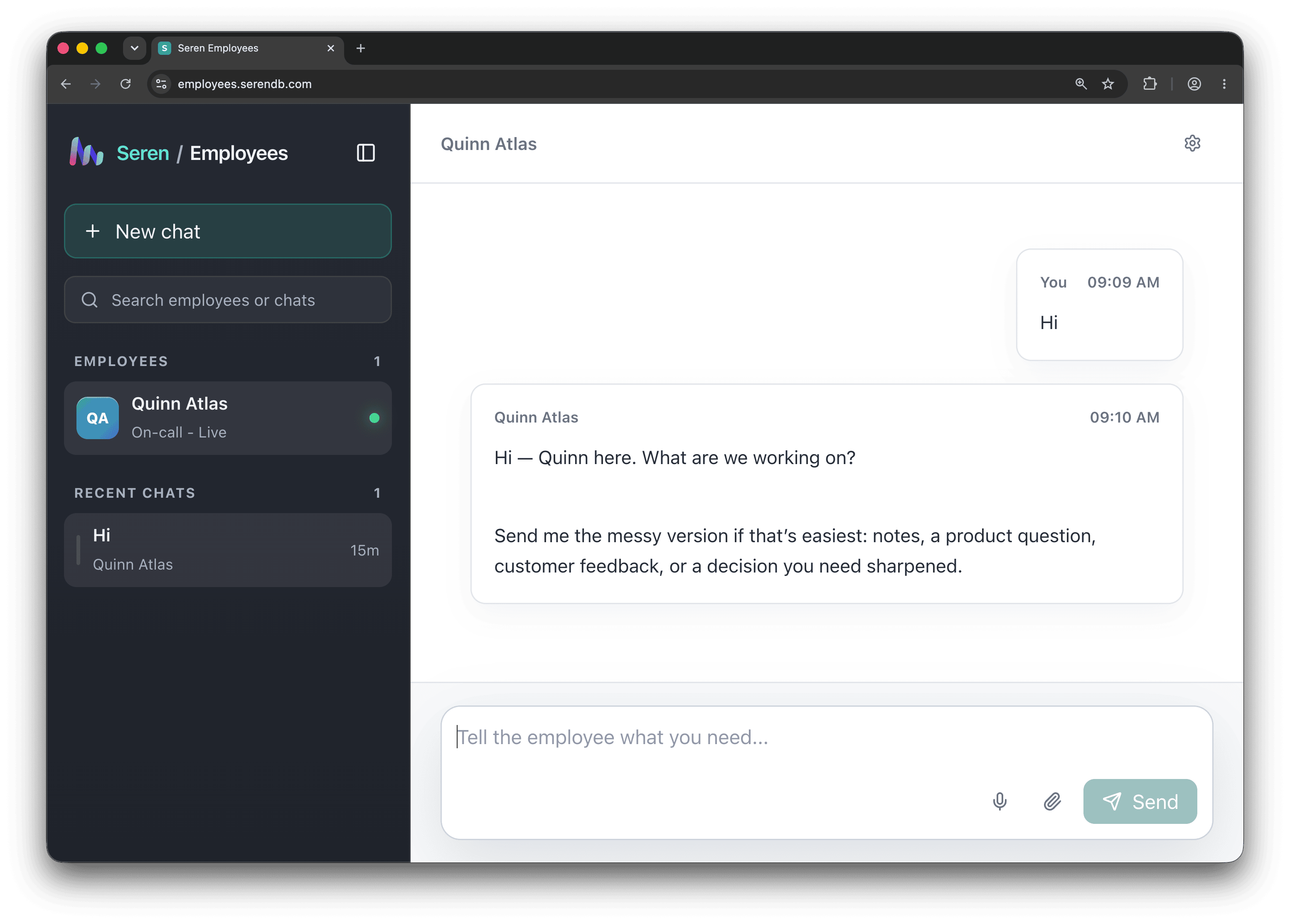 The Seren Employees web app: a chat with the employee Quinn Atlas alongside a sidebar of employees and recent chats
